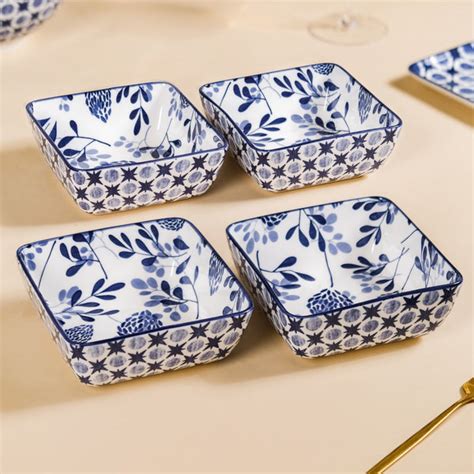 Set Of 4 Blue Blossom Square Snack Bowls 600ml Online - Premium Snack ...