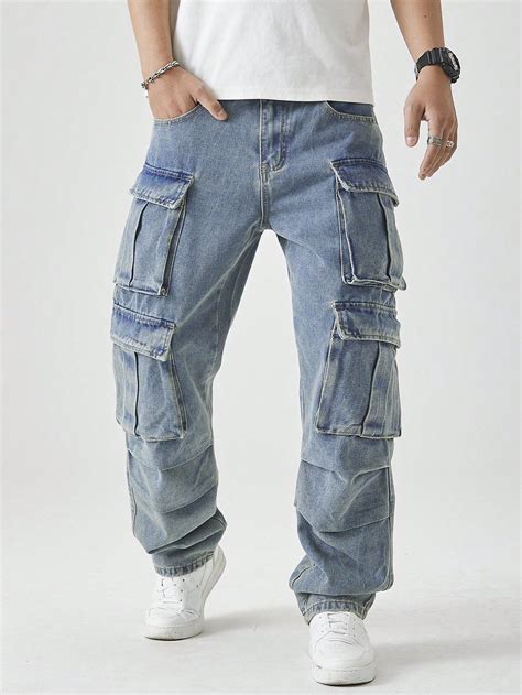Men's Casual Washed Straight Leg Cargo Jeans | Men casual, Street ...