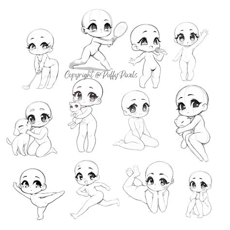 Procreate Chibi Poses Bocetos Base Gestos de Manos Kawaii Personaje ...