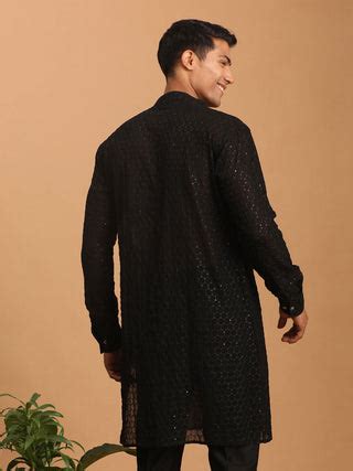 VASTRAMAY Men's Black Sequined Front Open Georgette Kurta – vastramay
