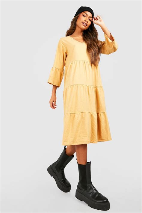 Flared Sleeve Midi Smock Dress | boohoo UK