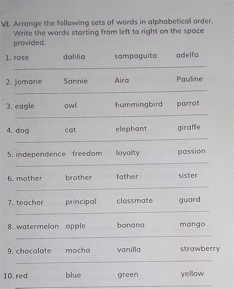 VI. Arrange the following sets of words in alphabetical order. Write ...