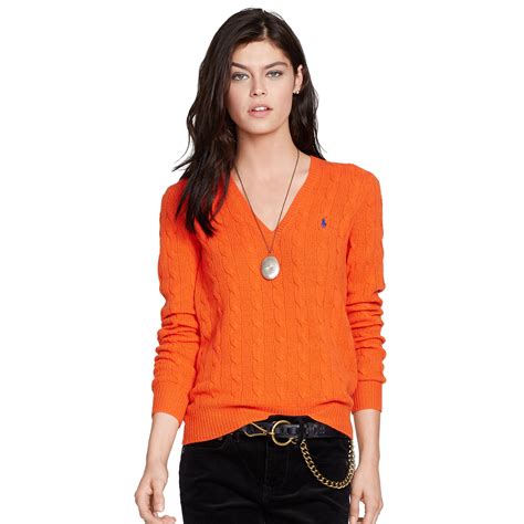 Polo Ralph Lauren Cable-Knit V-Neck Sweater in Bright Orange (Orange ...