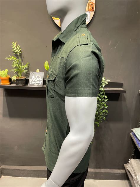 Olive Lycra Double Pocket & Shoulder Flaps Shirt – Likera