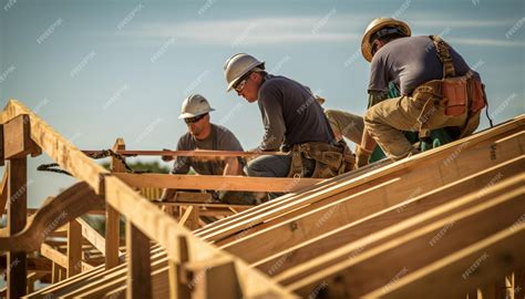 Three men working on a roof with a wooden beam generative ai | Premium ...