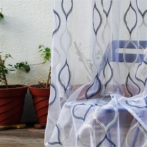 Buy Parda online Sheer Tissue Eyelet Geometric Design Blue Door Curtain ...