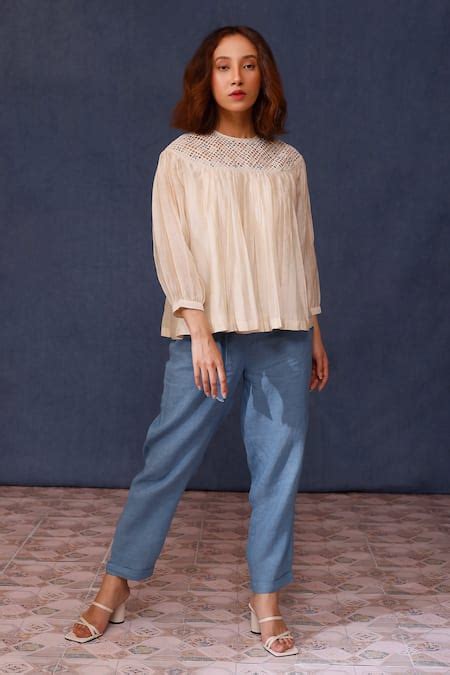 Buy Off White Silk, Linen Embroidery Round Iris Mosaic Cutwork Yoke Top ...