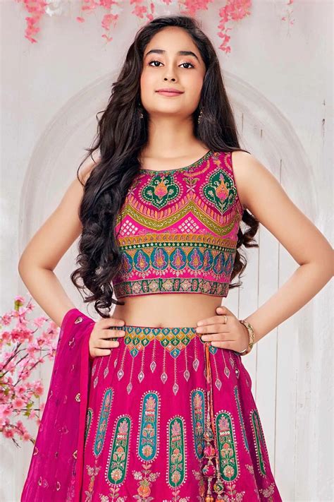 Rani Pink and Orange Embroidered Lehenga Choli with Dupatta For Girls ...