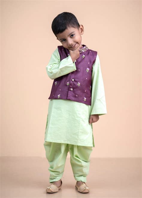 Advik Bandi Set: Purple and Green Cotton Embroidered Bandi and Kurta S ...