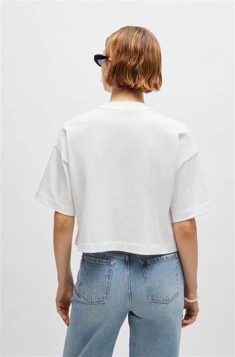 HUGO - Cotton-jersey relaxed-fit cropped T-shirt with stacked logo - White