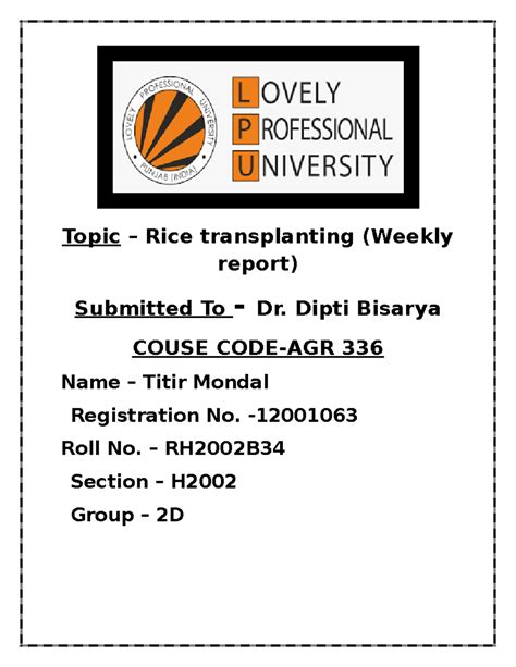 AGR 336( Weekly report) - Topic – Rice transplanting (Weekly report ...