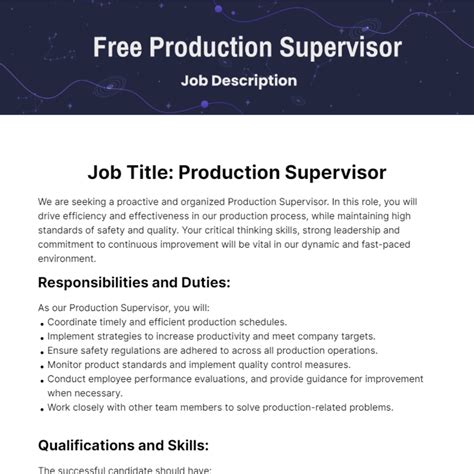 Free Production Supervisor Job Description Template to Edit Online