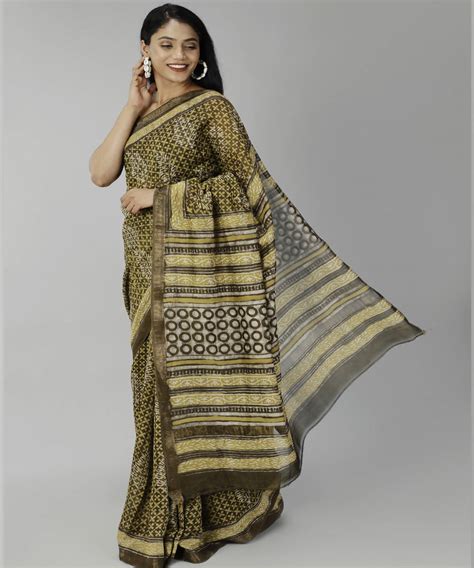 Dark mehendi green bagru handblock printed cotton silk saree – GoCoop