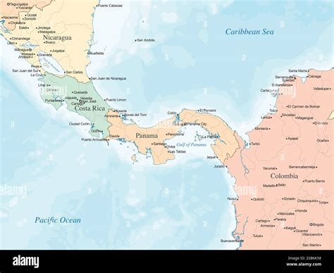 Political map highlighting Nicaragua, Costa Rica, Panama, and northern Colombia, showing country ...