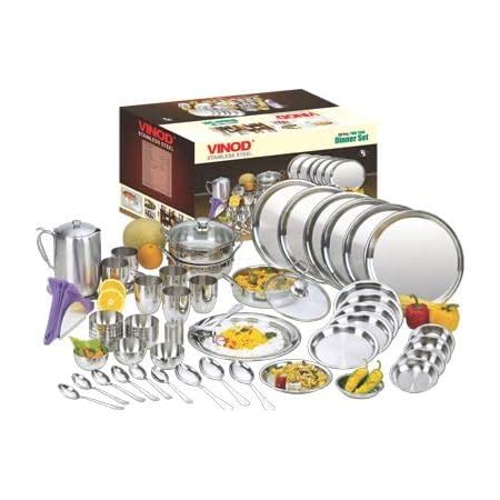 Vinod Steel Stainless Steel Dinner Set - 55 Pcs, Silver : Amazon.in ...
