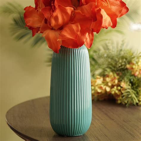 Teal Ribbed Ceramic Vase - Small