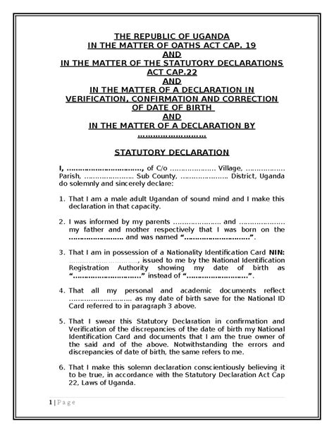Sample Statutory Declaration for Date of Birth Correction in Uganda - Studocu