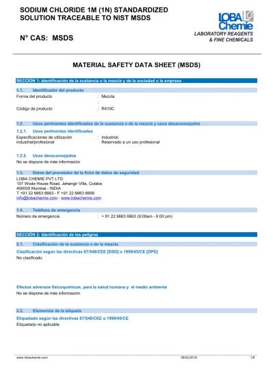 N CAS: MSDS SODIUM CHLORIDE 1M (1N) STANDARDIZED SOLUTION TRACEABLE TO ...