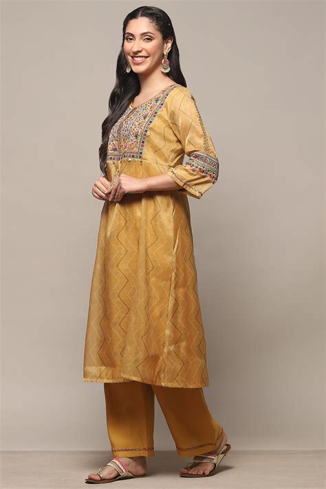 Mustard Tissue Gathered Suit set at Biba India