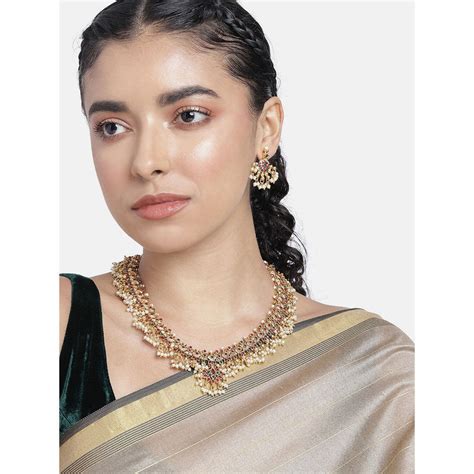 Buy Peora Gold Plated Traditional Red Green Beads Studded Long Necklace ...