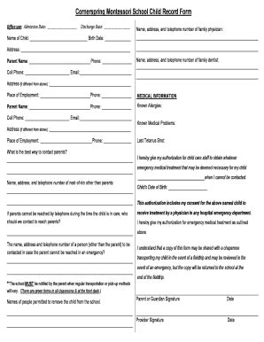 Fillable Online Cornerspring Montessori School Child Record Form Office ...