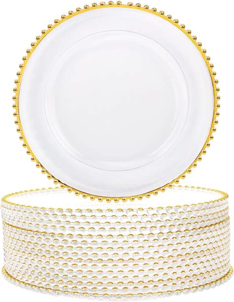 Amazon.com | HONHPD 50 Pcs Clear Charger Plates 13 Inch Plastic Gold Acrylic Bead Round Charger ...