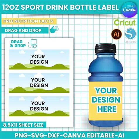 12oz Sport Drink Bottle Label Template: Editable Canva Frames (digital ...