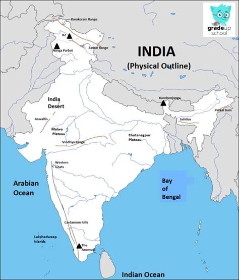 On an outline map of India show the following: 1. Mountain and hill ...