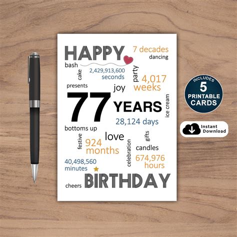 77th Birthday Card, Card for 77th Birthday, Printable 77th Birthday ...