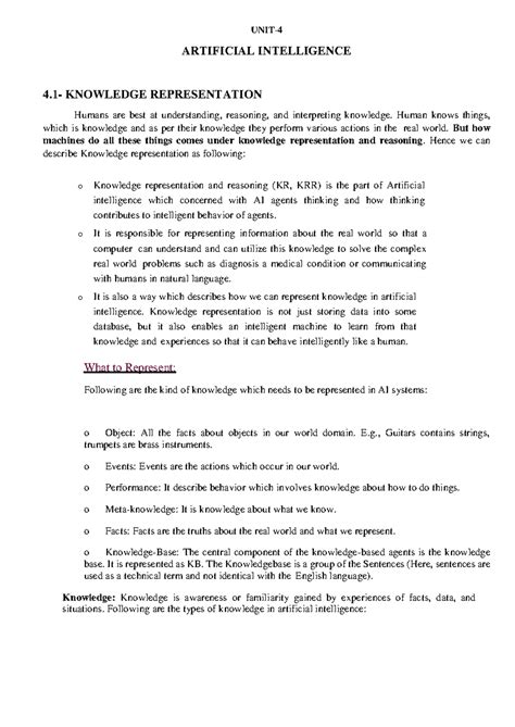 AI Notes Unit-4: Knowledge Representation and Reasoning in AI - Studocu