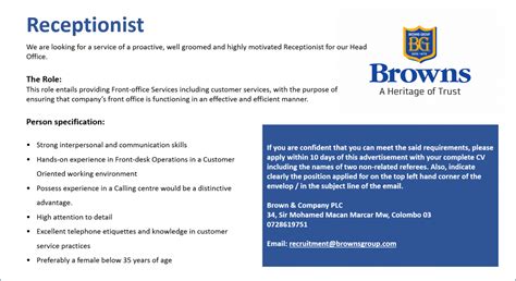 Image result for Job Advert for Receptionist
