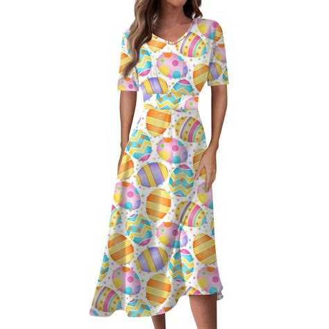 LTTVQM Womens Easter Dresses 2025 Cute Bunny Egg Hunt Print Sundresses ...