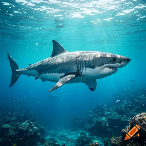 A photorealistic depiction of a great white shark swimming above a vibrant coral reef in clear ...