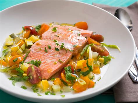 Salmon à la Nage (Poached in Broth) With Summer Vegetables Recipe ...