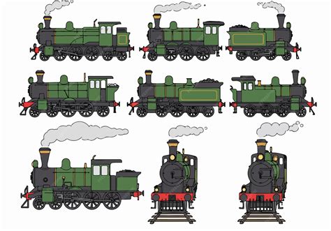 Vintage steam train side views and front elevations | Premium Vector