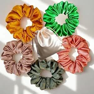 PREMAHS Luxury Silk Scrunchies (Pack of 5) for women with reusable bag ...