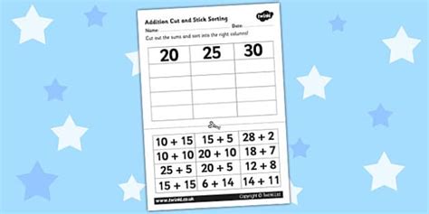 20 25 30 Addition Cut And Stick Activity