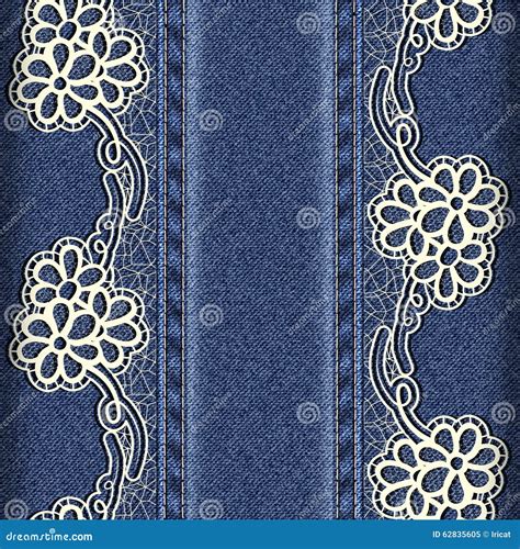 Denim and Lace. Background with Lace Ribbons Sewn Vertically Stock ...