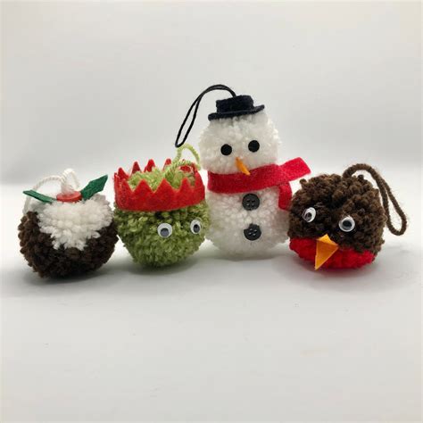 Set of 4 Assorted Pom Pom Christmas Tree Decorations - Etsy UK ...