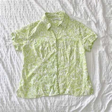 Green Hawaiian Print Linen Button Up Top Size... - Depop