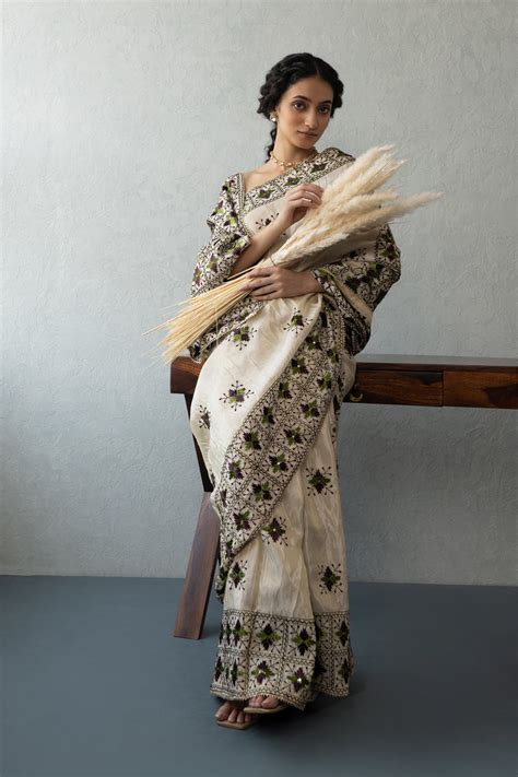 Mystic Loom Cream Phulkari seas silk Saree green and Brown embroidery