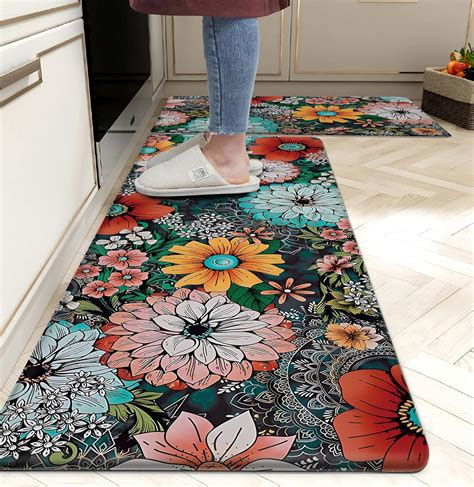 Amazon.com: Boho Floral Kitchen Rugs Black Flowers Kitchen mat Anti ...
