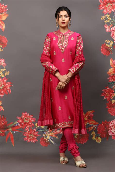 Rohit Bal Fuschia Cotton Blend Straight Kurta Suit Set