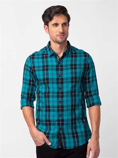 Men Sporty Green Cotton Slim Fit Checkered Shirt