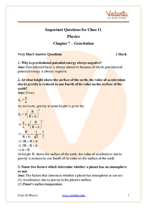 Important Questions for Class 11 Physics Chapter 7: Gravitation - Studocu