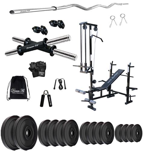 DREAM FIT PVC Home Gym Set - 60 Kg with 20in1 Gym Bench, 3 ft Curling ...