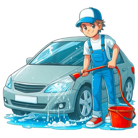 A Man Washing Car Cartoon Art Pic, Wash Services, Car Wash Bucket Soap ...