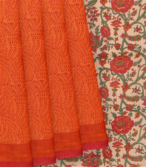 Orange Tussar Silk Saree With Block Print – RmKV Silks