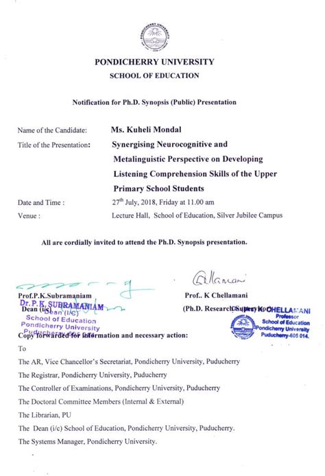 Notification for Ph.D. Synopsis (Public) Presentation of Ms. Kuheli ...