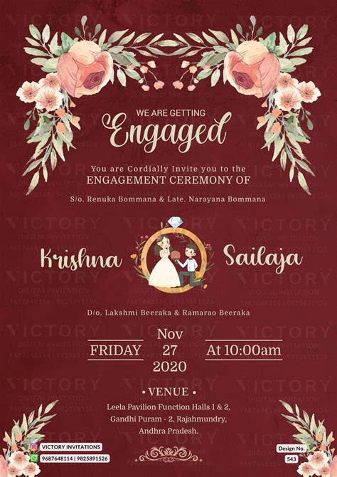 Engagement ceremony invitation card in english language with flowers ...